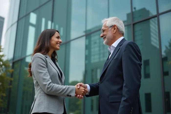 Poignée de main entre deux dirigeants lors d'un accord de rachat d'entreprise devant un siège social