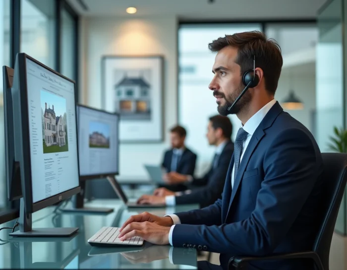 Agent immobilier en ligne travaillant dans une agence moderne avec des outils numériques pour trouver des biens immobiliers