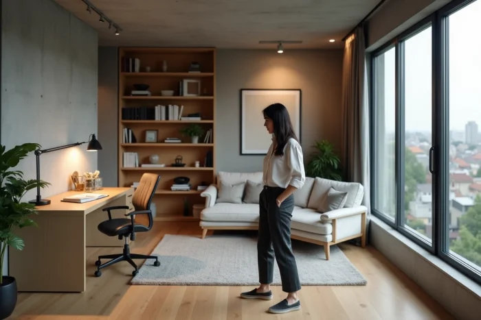Femme dans un appartement mixte combinant espace professionnel et espace de vie personnel