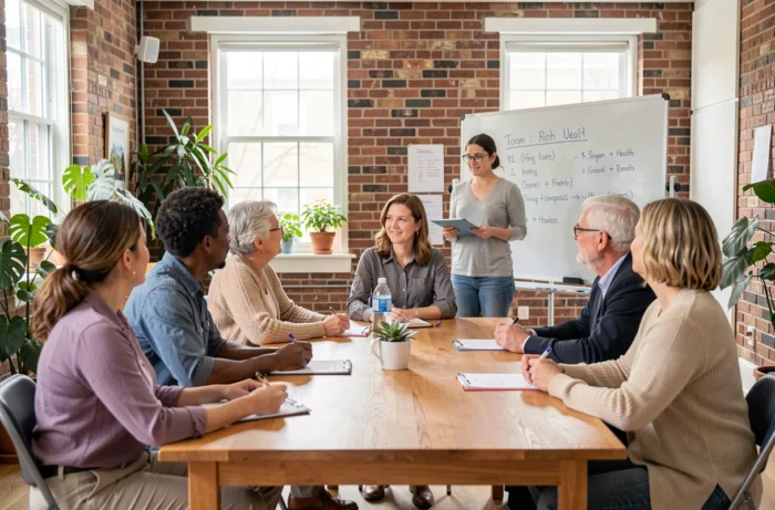 Groupe d'adultes participant à un atelier de sensibilisation à la santé et à la prévention des maladies dans un centre communautaire
