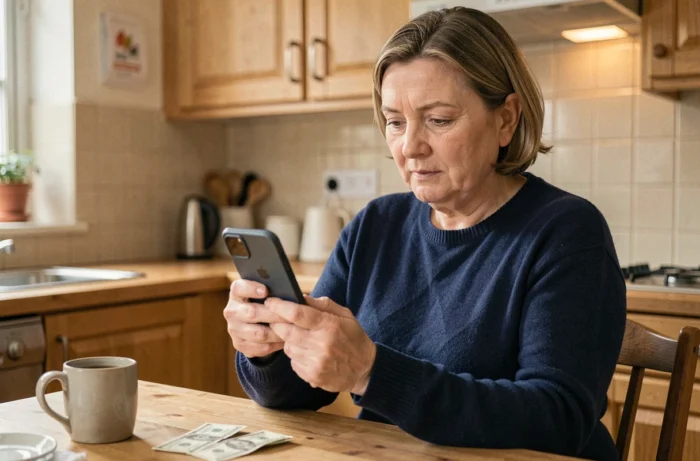 Femme utilisant son smartphone pour s'authentifier sur l'application de sa banque régionale depuis sa cuisine