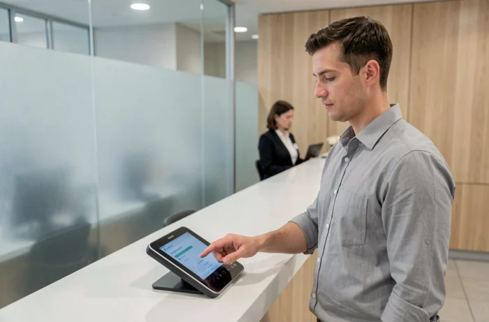 Client d'une banque régionale utilisant un terminal tactile pour une nouvelle procédure d'authentification simplifiée