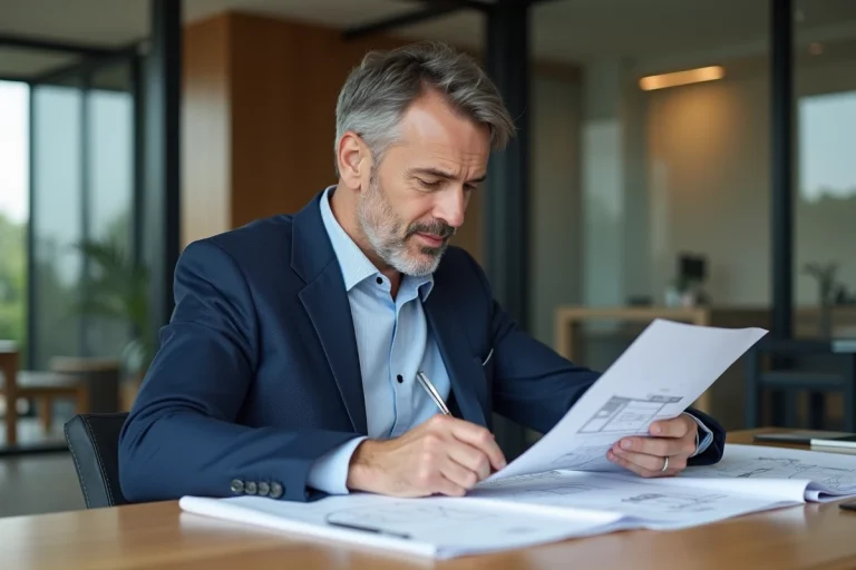 Professionnel examinant des documents immobiliers pour un bien à usage mixte professionnel et résidentiel
