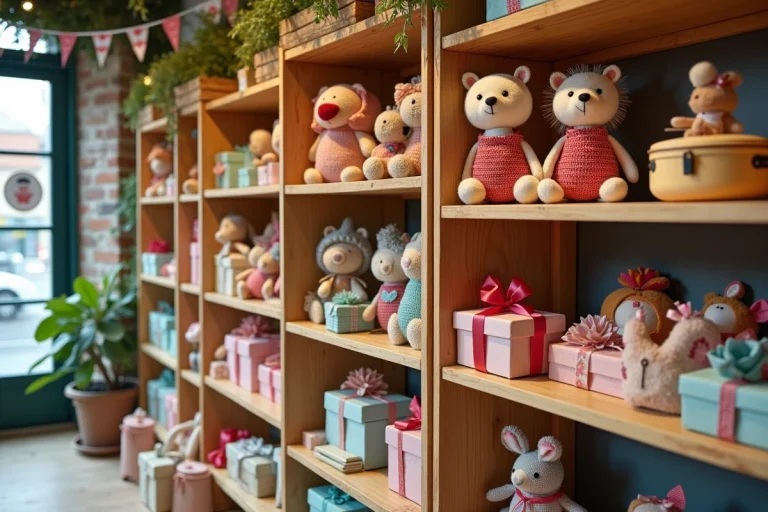 Étagères d'une boutique artisanale remplies d'accessoires et cadeaux originaux pour enfants en bois peint et peluches colorées