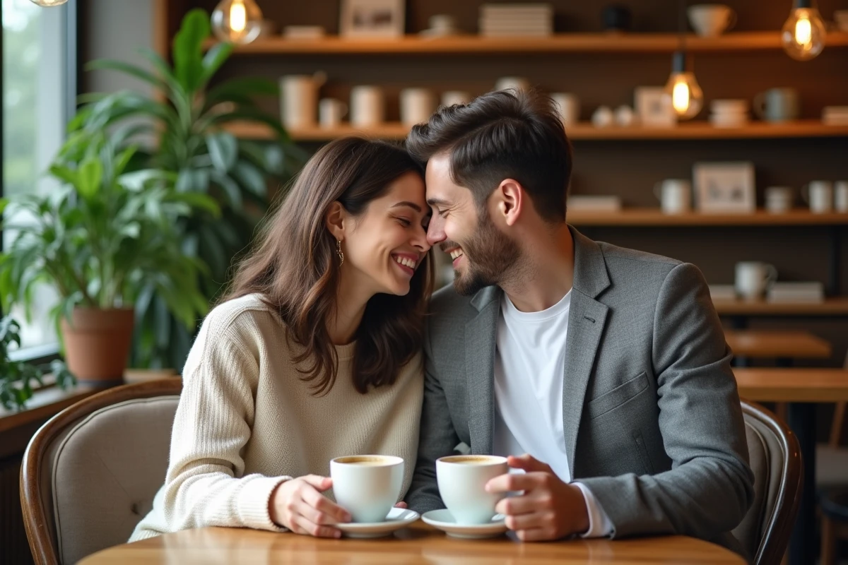Couple détendu partageant un café dans un café cosy