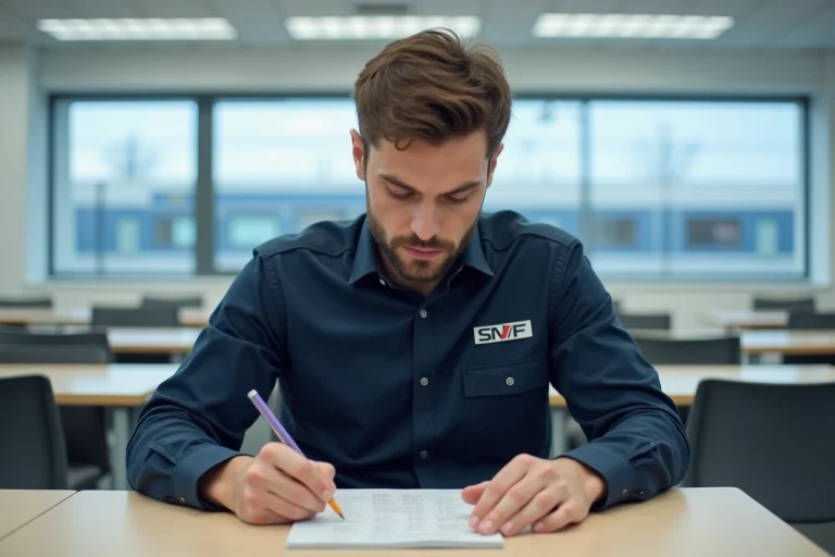 Candidat en uniforme SNCF passant un test psychotechnique écrit dans une salle d'examen institutionnelle