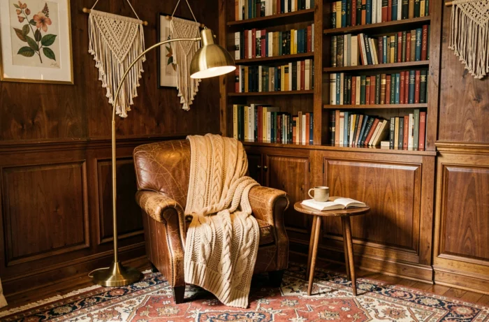 Coin lecture bohème avec fauteuil en cuir, bibliothèque encastrée et accessoires déco chaleureux dans un intérieur éclectique