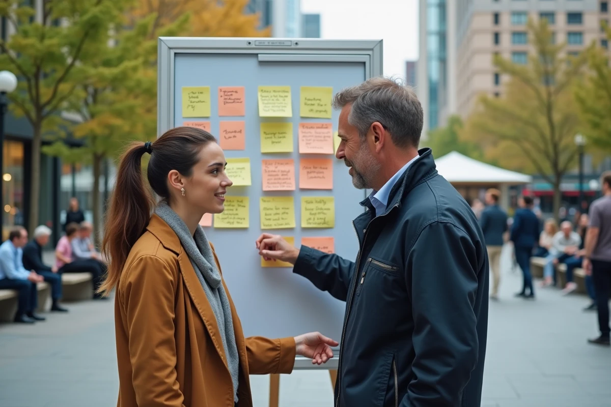 Jeune femme et homme collabore sur tableau d