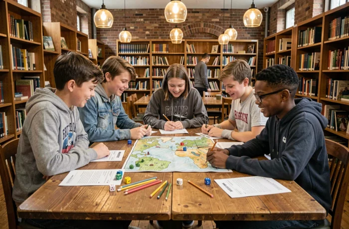 Des collégiens participent à un jeu de rôle éducatif en bibliothèque scolaire, favorisant la collaboration et l'apprentissage ludique