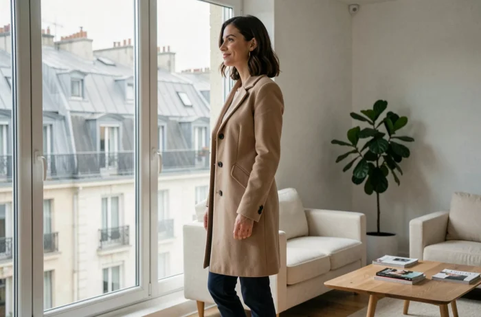 Femme mystérieuse et élégante dans un appartement parisien moderne, regard introspectif, style éditorial raffiné