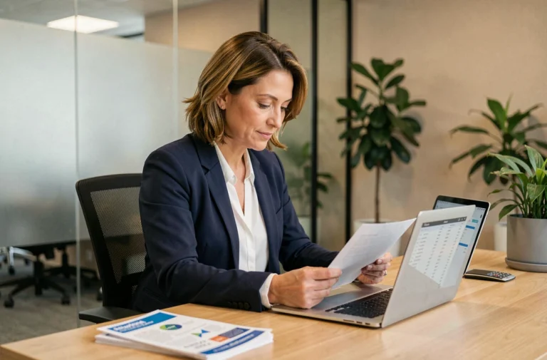 Conseillère bancaire professionnelle examinant des documents d'assurance et de finances dans un bureau moderne
