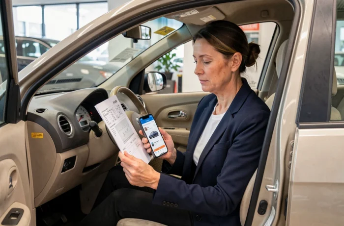 Femme consultant un rapport d'historique de véhicule avant l'achat d'une voiture d'occasion