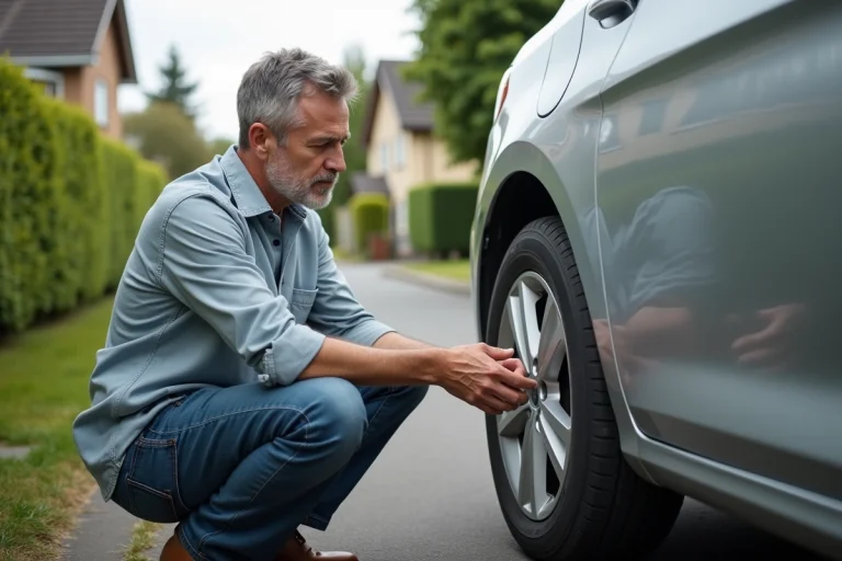 Homme vérifiant la pression des pneus de sa voiture dans la cour