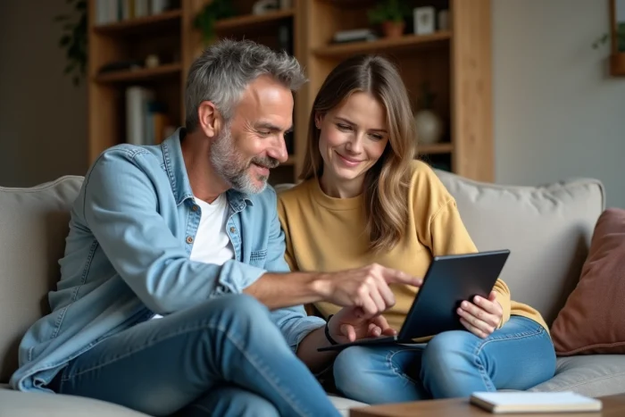 Couple consultant et comparant des avis utilisateurs sur Autofantom.fr depuis leur salon