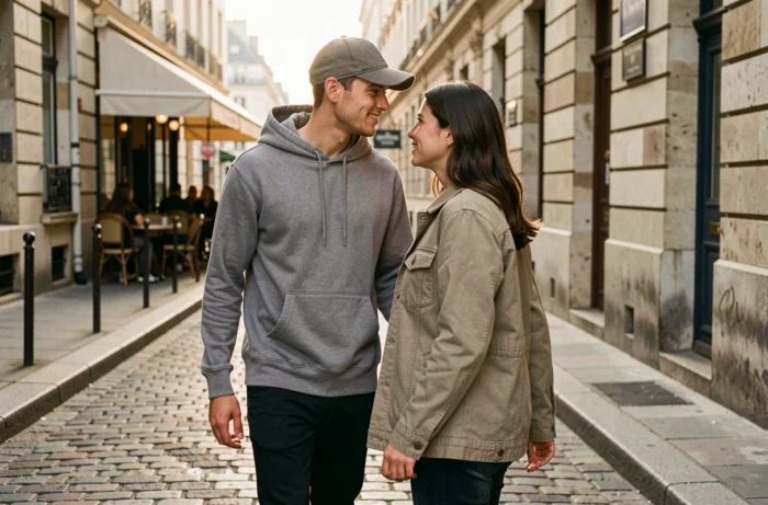 Couple discret marchant dans une rue parisienne pavée, style urbain casual, atmosphère authentique et intimiste