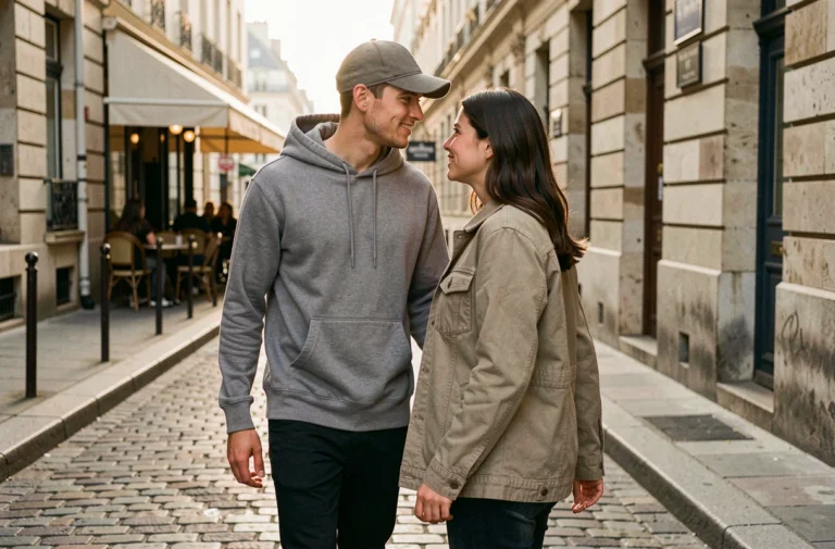 Couple discret marchant dans une rue parisienne pavée, style urbain casual, atmosphère authentique et intimiste