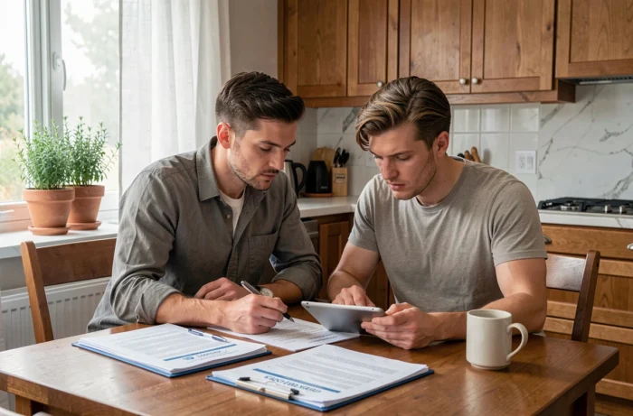 Couple gérant ensemble leurs finances et contrats d'assurance à la maison sur une tablette numérique