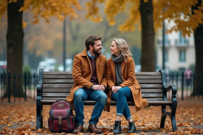 Couple de parents assis sur un banc dans un parc urbain en automne, échangeant un sourire complice après l'école