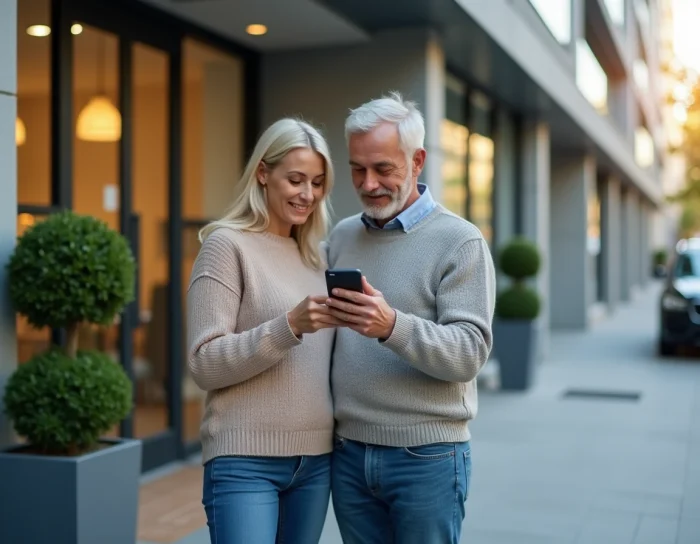 Couple consultant une application d'agence immobilière en ligne devant un immeuble d'appartements en ville