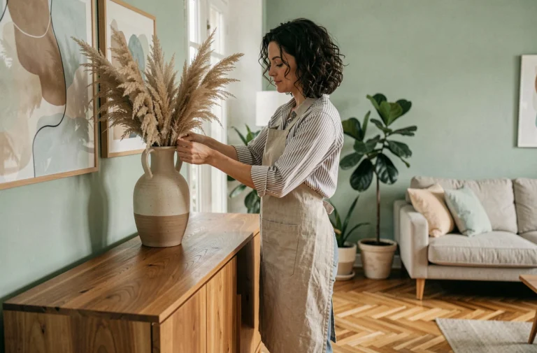 Femme arrangeant des herbes de la pampa dans un vase céramique dans un salon scandinave décoré avec style