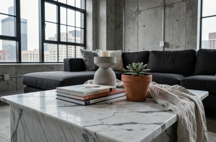 Table basse en marbre décorée avec des livres d'art, bougeoir en béton et plante succulente dans un appartement contemporain