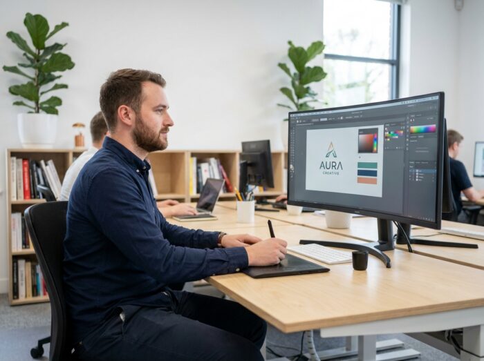 Designer graphique en début de carrière travaillant sur un projet d'identité visuelle après un master en agence créative
