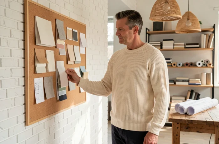 Designer d'intérieur masculin épinglant des échantillons de tissu et couleurs sur un tableau d'inspiration en liège
