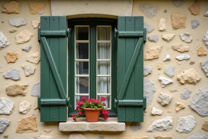 Détail d'une fenêtre à volets verts et pot de géraniums sur une façade en pierre de schiste d'une ferme bretonne