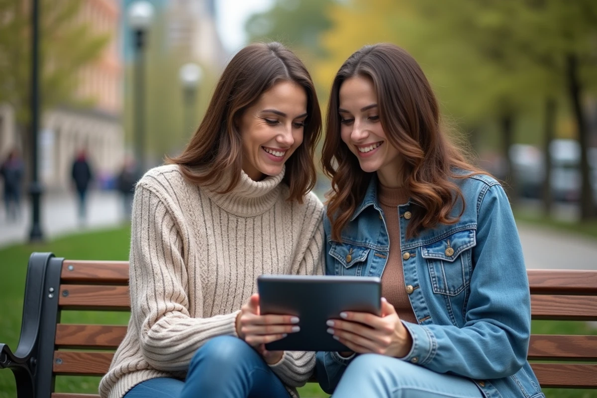 Deux femmes souriantes avec tablette sur un banc de parc