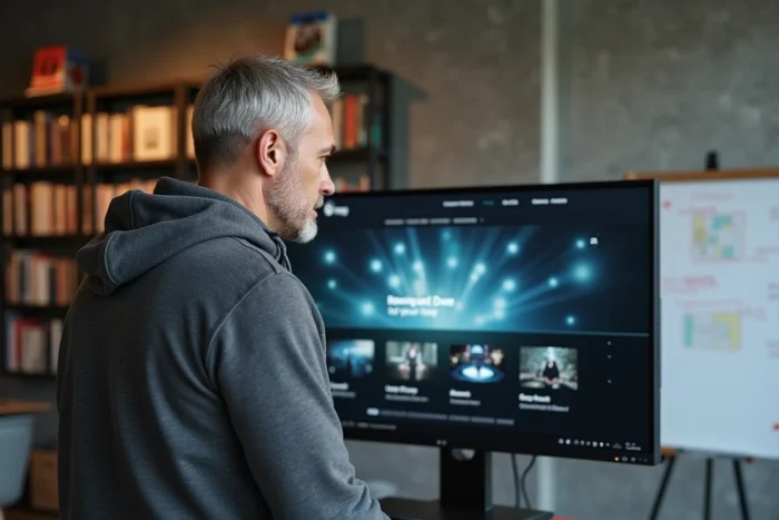 Développeur web présentant la nouvelle interface du site 1jour1film dans un studio numérique moderne