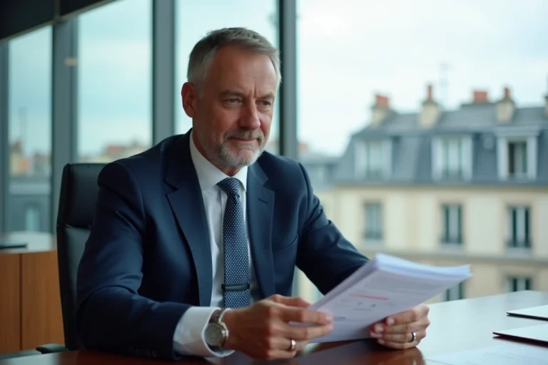 Directeur banque en costume dans un bureau parisien