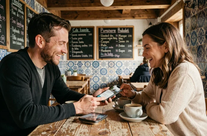 Deux jeunes adultes partageant un smartphone affichant une plateforme culturelle bretonne dans un café traditionnel du Finistère