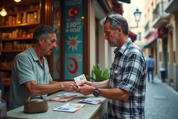 Touriste échangeant des euros contre des livres turques dans un bureau de change de rue en Turquie