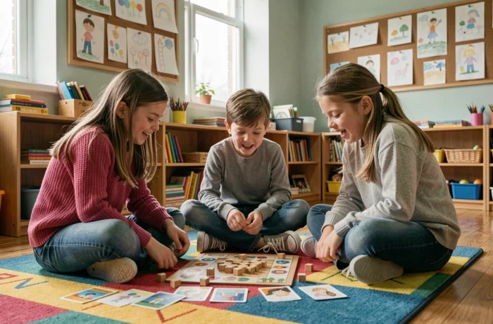 Des élèves de primaire jouant à un jeu de plateau éducatif en classe, illustrant l'apprentissage par le jeu à l'école