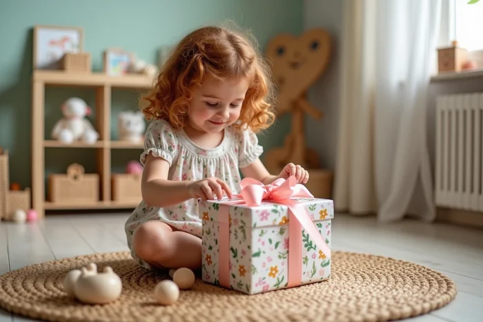 Petite fille aux cheveux bouclés découvrant un cadeau original emballé avec soin dans une salle de jeux colorée