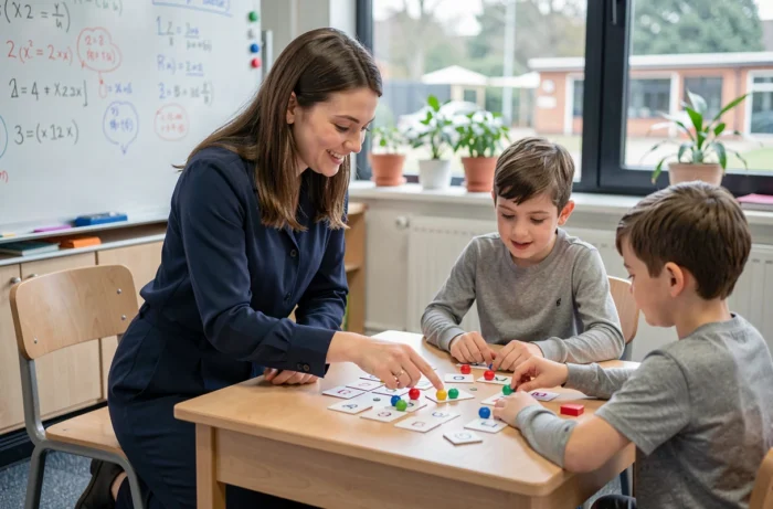 Une enseignante accompagne des élèves dans un jeu pédagogique de mathématiques en classe, méthode d'apprentissage ludique