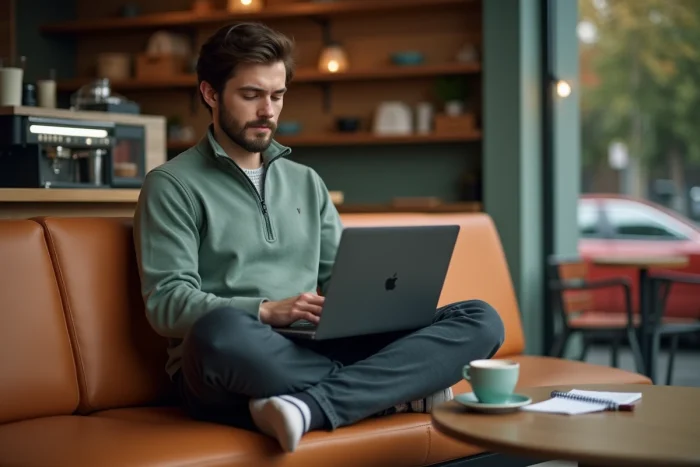 Jeune entrepreneur travaillant sur une stratégie de marketing digital depuis un café avec un ordinateur portable et un carnet de notes