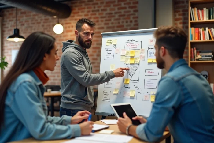 Équipe de professionnels du marketing collaborant autour d'un tableau blanc avec des stratégies digitales et un calendrier de contenu
