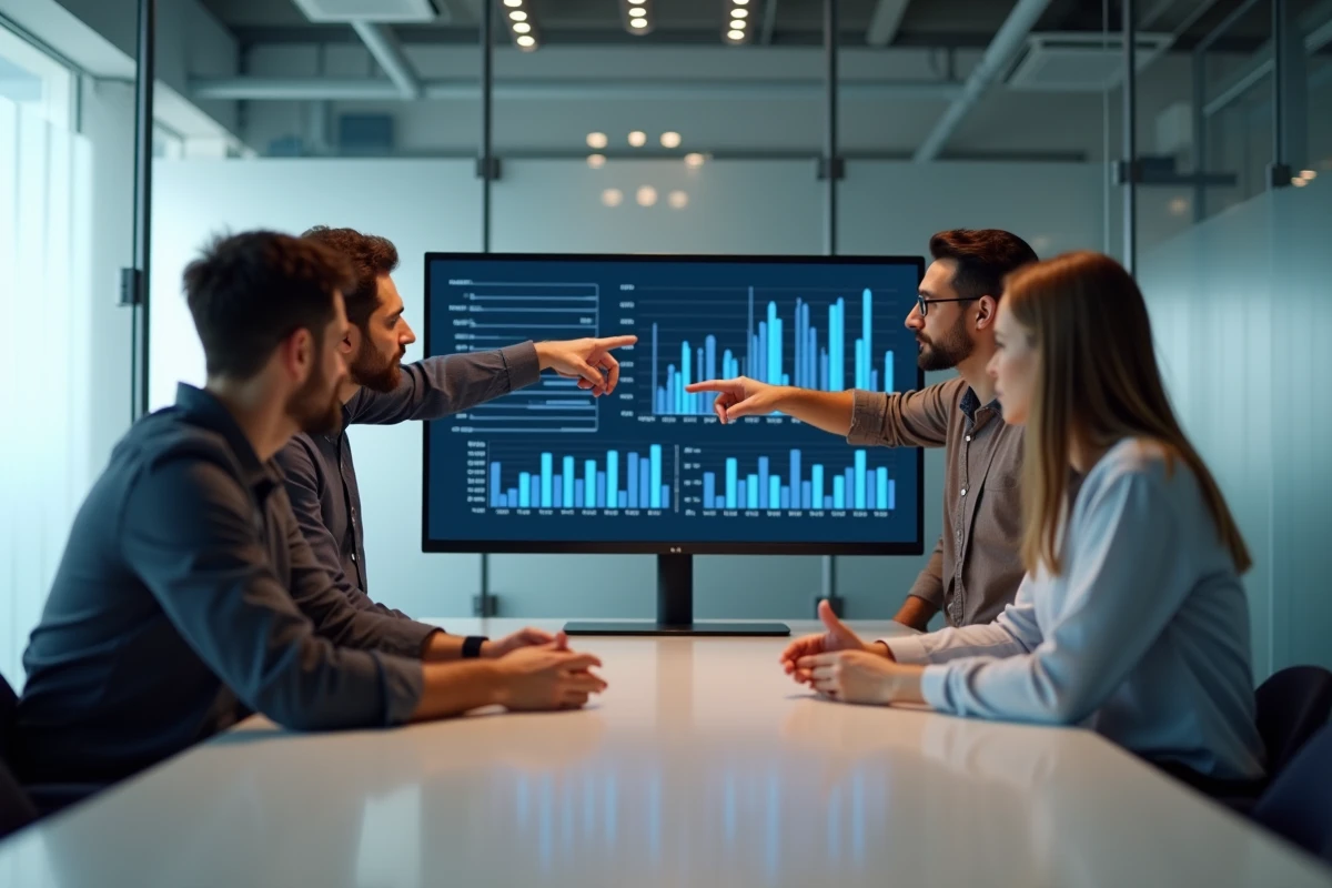 Groupe diversifié de trois personnes analysant des graphiques interactifs en réunion