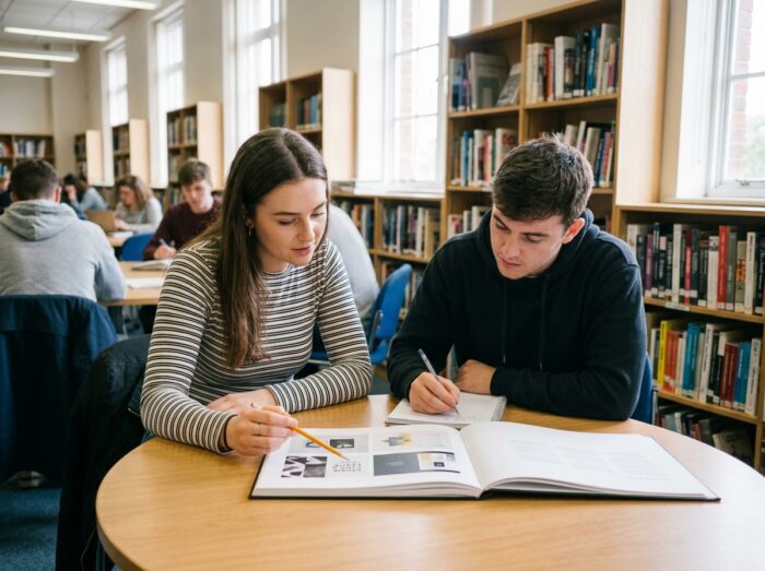 Deux étudiants en master de design graphique collaborant sur un portfolio dans une bibliothèque universitaire