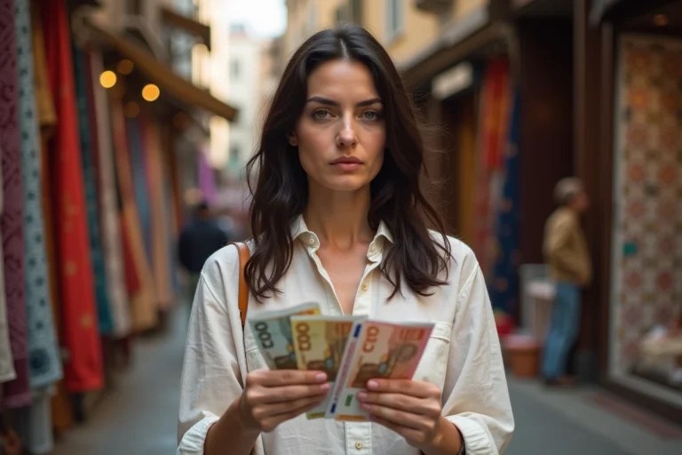 Femme tenant des euros et des livres turques dans un bazar d'Istanbul, comparant les deux devises pour ses achats en Turquie