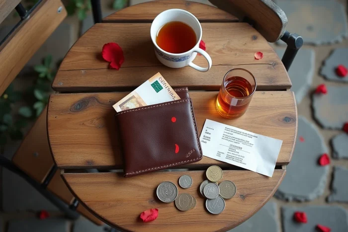 Vue de dessus d'un portefeuille avec des euros et des livres turques sur une table de café en Turquie, à côté d'un verre de thé turc