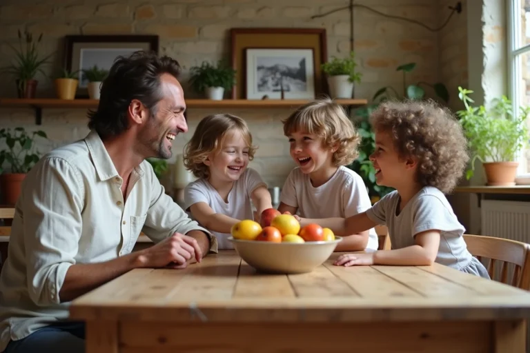 Famille française heureuse réunie autour d'une table en bois rustique, parents et enfants riant dans un intérieur chaleureux