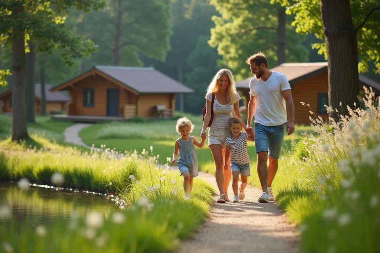 Famille souriante dans la nature en vacances en France
