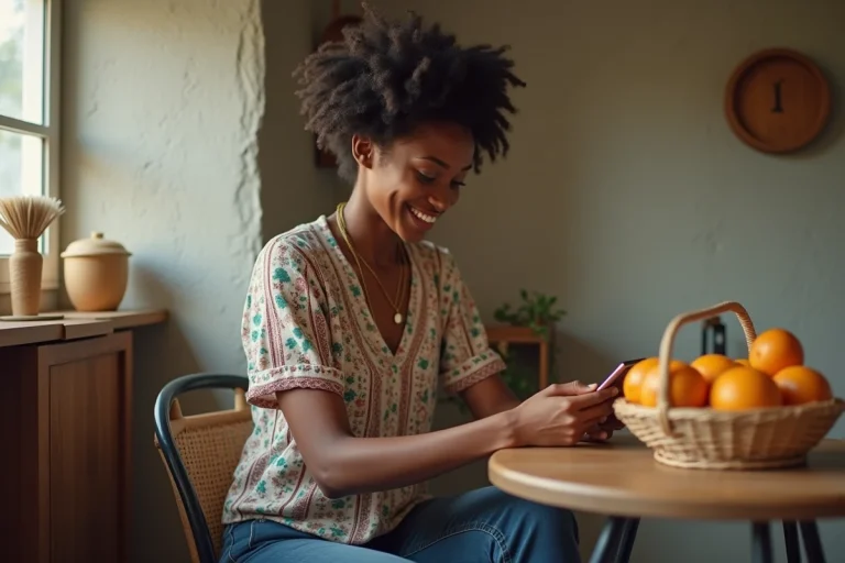 Jeune femme africaine souriante avec smartphone dans la cuisine