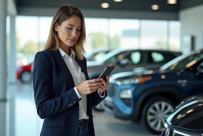 Femme lisant des avis en ligne sur son smartphone dans une concession automobile moderne