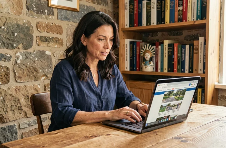 Femme bretonne consultant une plateforme d'actualité culturelle bretonne sur son ordinateur portable dans un bureau en pierre