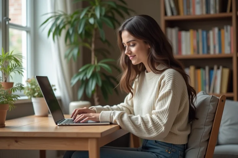 Jeune femme travaillant sur son ordinateur dans un bureau cosy