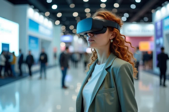 Femme testant un casque de réalité augmentée lors d'un salon high-tech en 2024