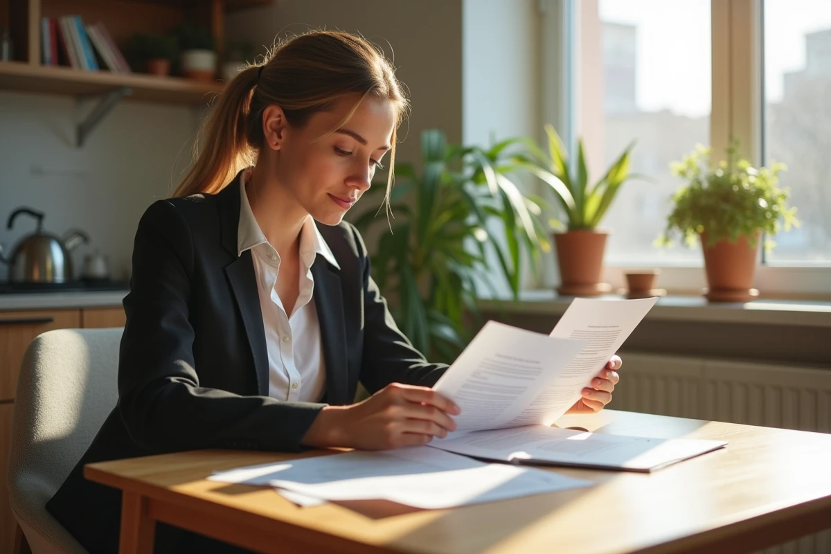 Femme lisant des contrats de location dans la cuisine